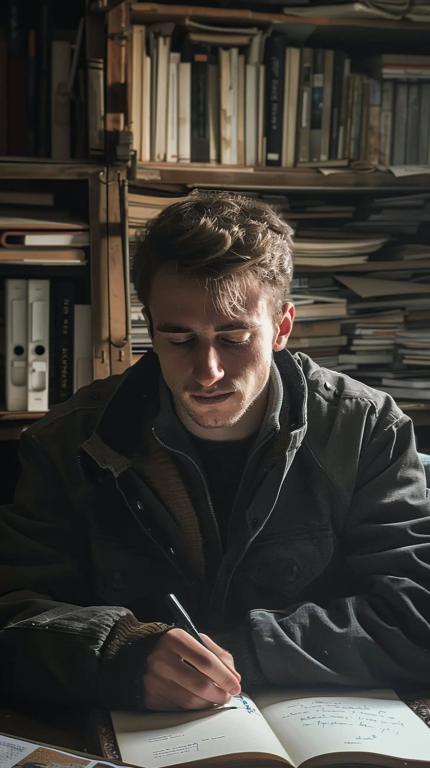 An author writing by hand in a notebook in front of shelves of books