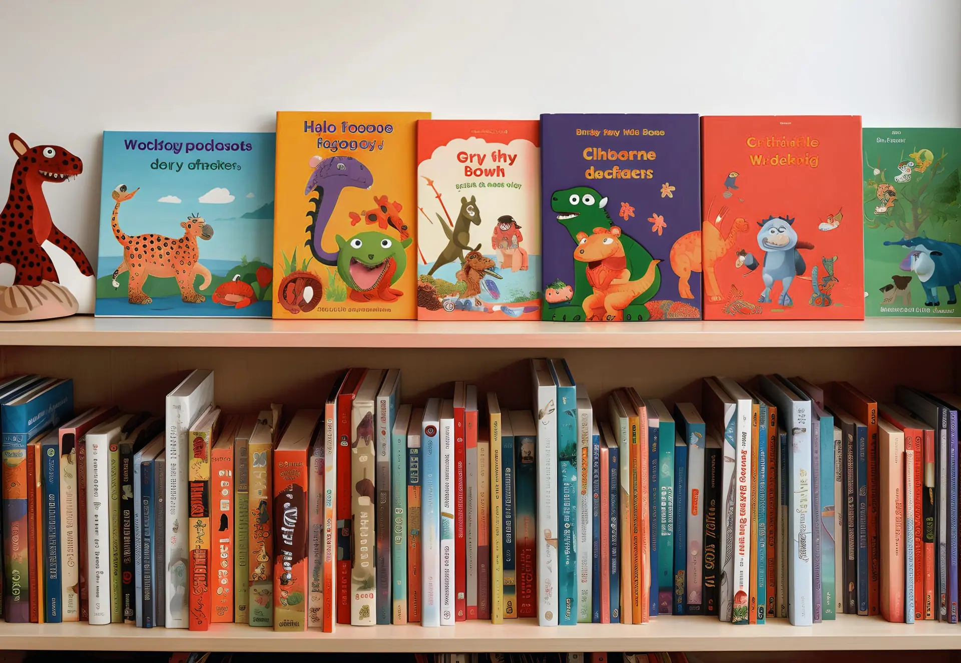Colourful illustrated children's books on a bookshelf