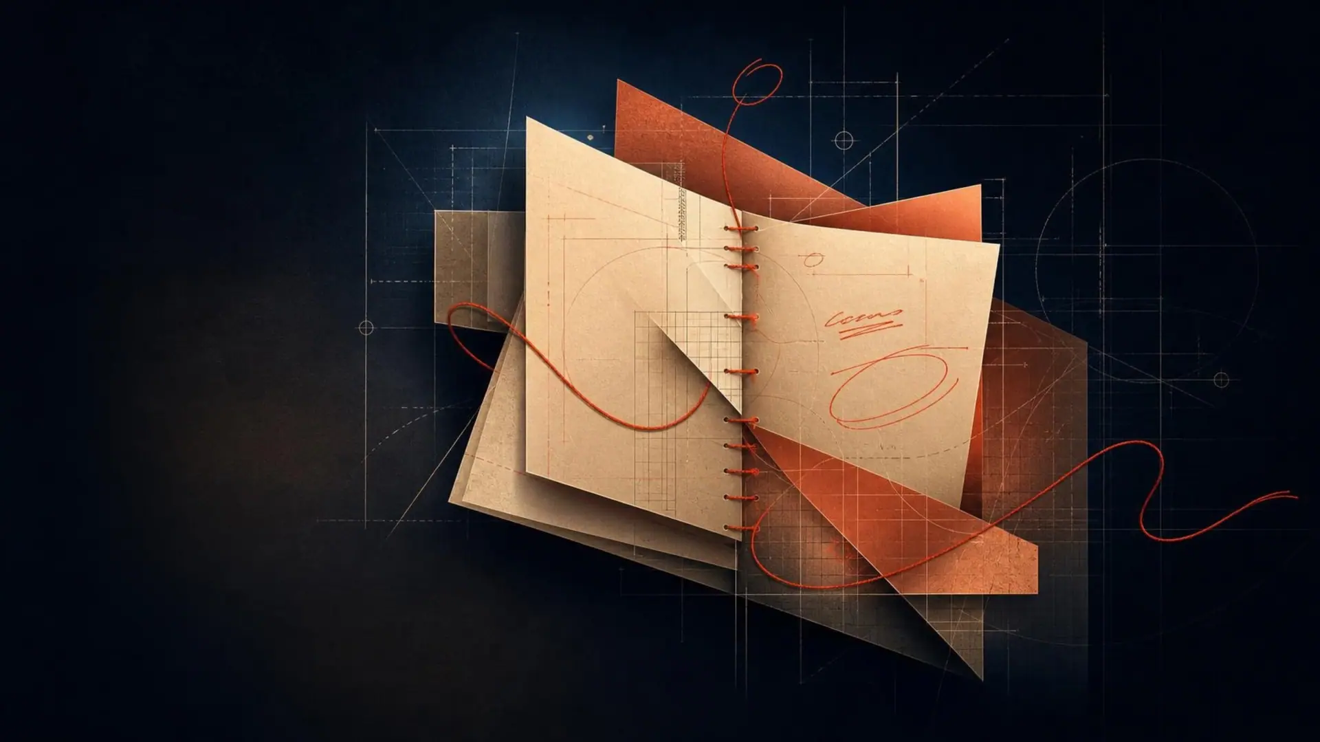 Stitched paper pages with editor's marks over layout guide lines