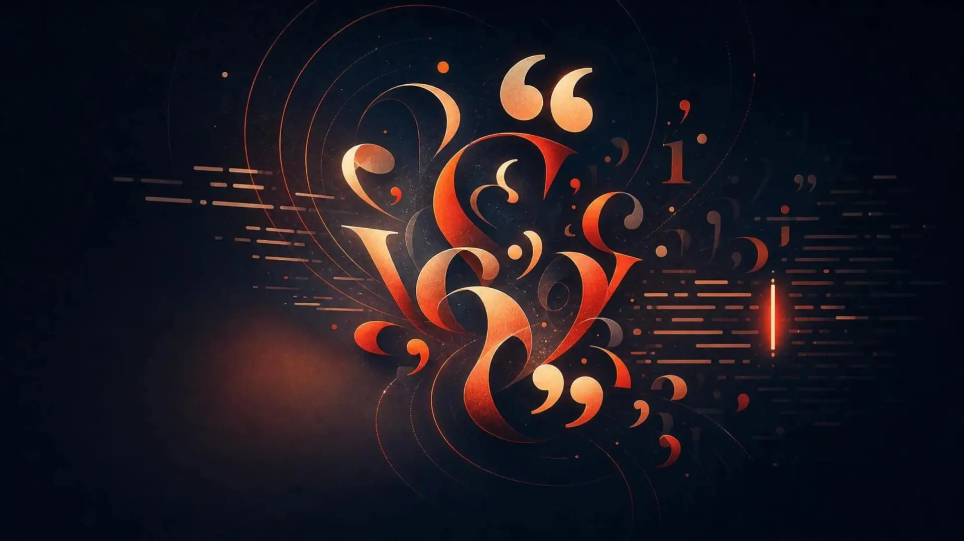 Flowing serif letterforms and quotation marks glowing in orange on a dark background