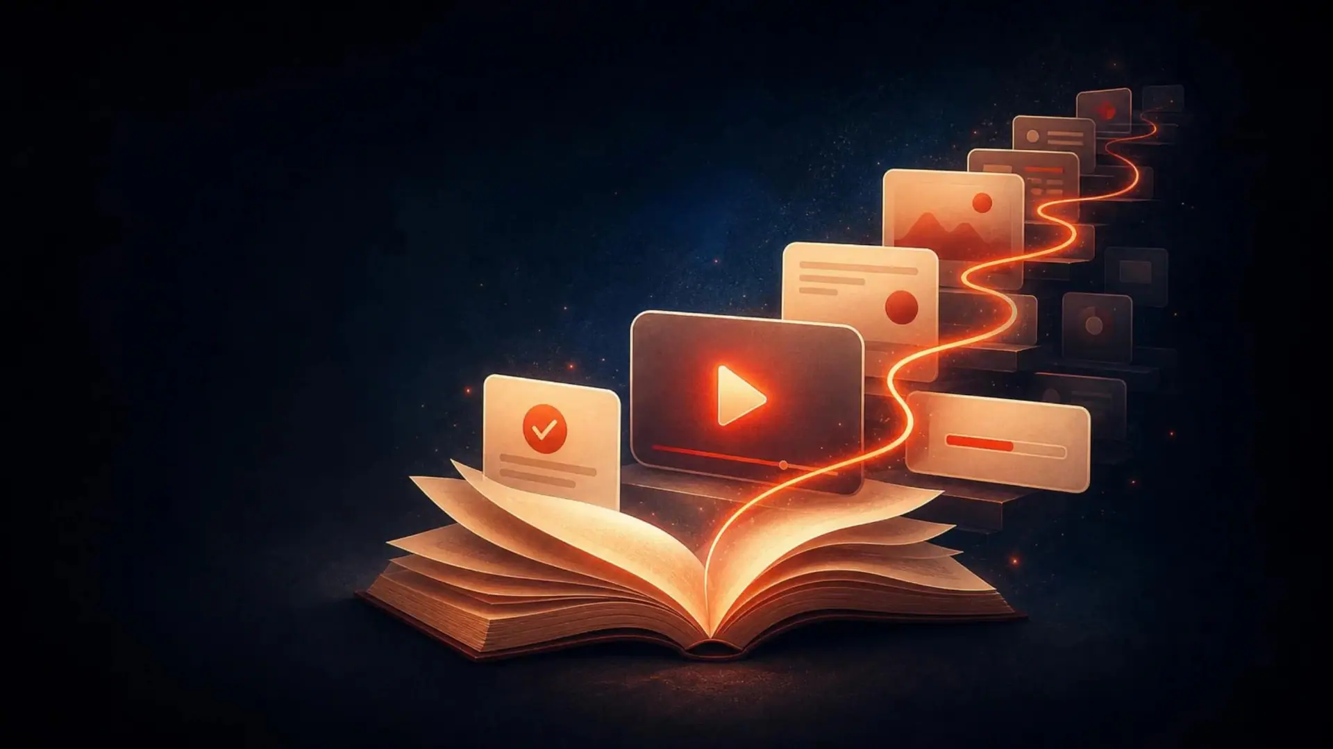 An open book whose pages rise into glowing lesson cards and a video screen along a path of light