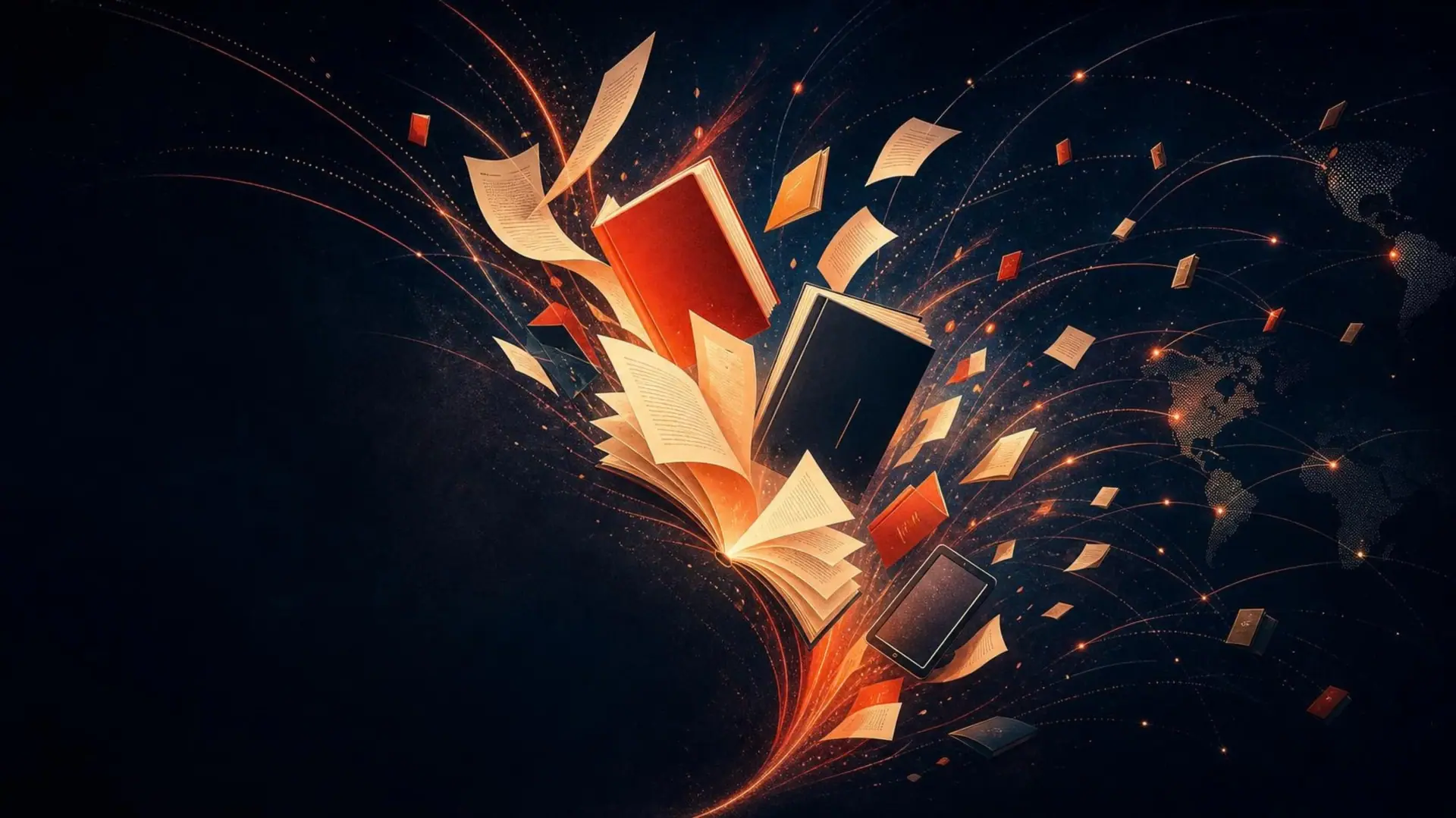 Books, pages and an e-reader flying outward across a dark map of the world