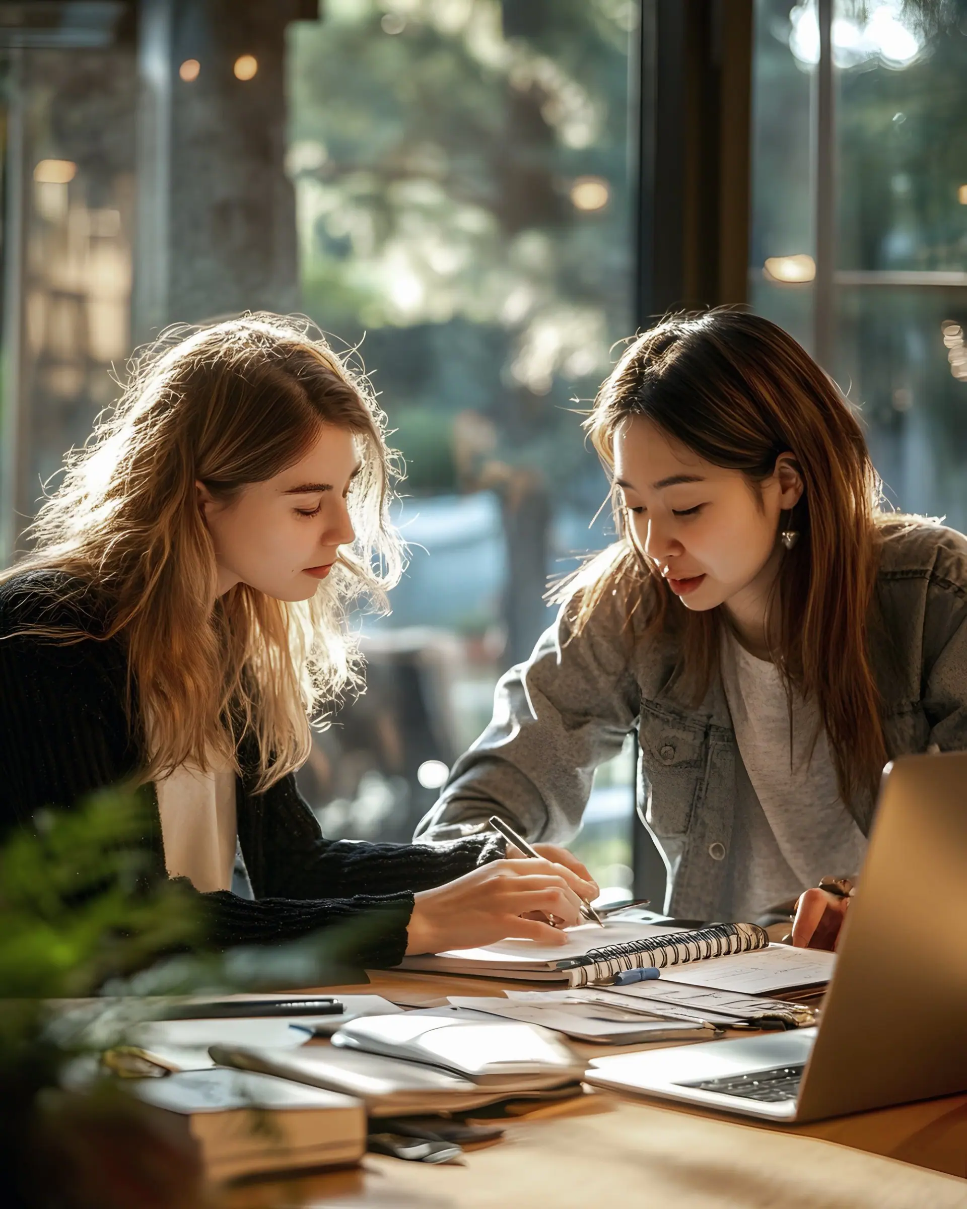 Two people working through notes together at a sunlit desk