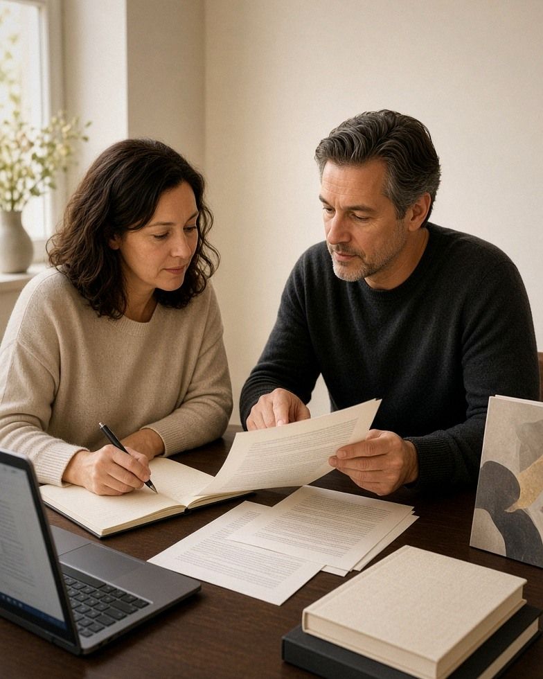 Two authors reviewing manuscript pages together at a desk, with a laptop and finished books nearby