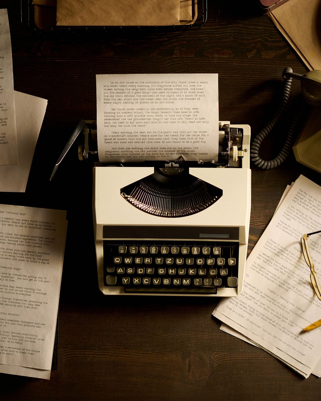 A vintage typewriter mid-manuscript, papers scattered across a dark writing desk