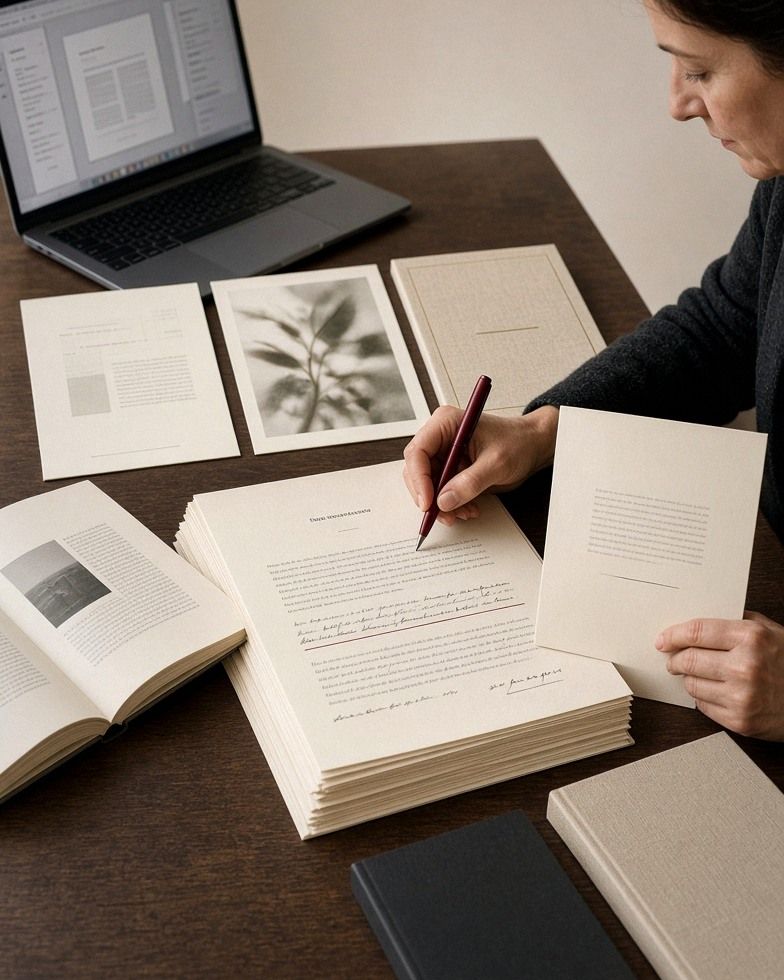 An editor marking up a manuscript stack in red pen at a desk, surrounded by design proofs and finished books